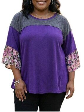 Caleoas Size XL Top Colorblock Raglan Sleeve Purple Blouse Patterned Bell Sleeve